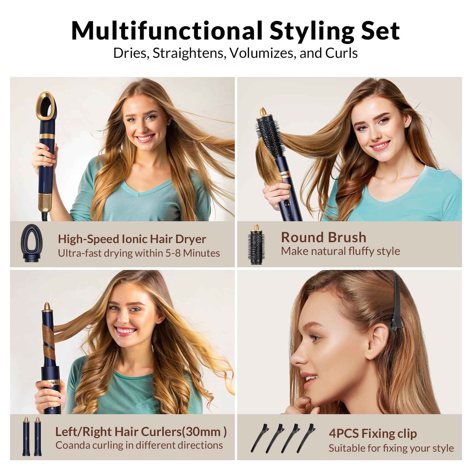 4-in-1 Hot Air Hair Styler & Hair Dryer Brush - 110,000RPM High Speed Ionic Blow Dryer for Fast Drying, Curling & Straightening - Suitable for Straight, Wavy, Curly, Coily Hair - No Heat Damage