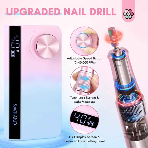SAVILAND Portable Electric Nail Drill: 40000 RPM Rechargeable Electric Nail File for Acrylic Nails Professional with Ceramic Corn Head Nail Drill Bits for Nails Manicure Tools & Pedicure Kit Salon Use