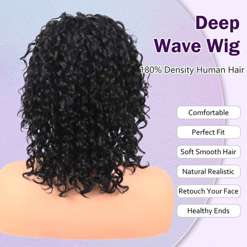 ManeMajesty 9x6 HD Lace Front Wig - 14 Inch Deep Wave 180% Density Glueless Wig for Black Women - Pre-Plucked Baby Hair & Pre-Cut Lace, Brazilian Virgin Human Hair, Natural Black 1B