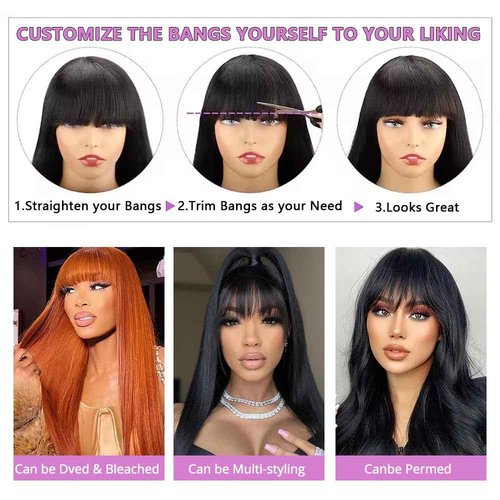 Abijale Straight Wigs Human Hair with Bangs 180% Density Brazilian Virgin Human Hair Wigs Glueless Machine Made Wigs for Women None Lace Front Wigs Natural Color 16 Inch
