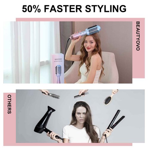 BEAUTYOVO 2-in-1 Blow Dryer Brush & Hair Straightener, 850W Ionic Ceramic Hair Dryer Brush with 3 Heat Settings, Frizz Control for Curly/Thick Hair, Portable Styling Tool for Travel & Home Use