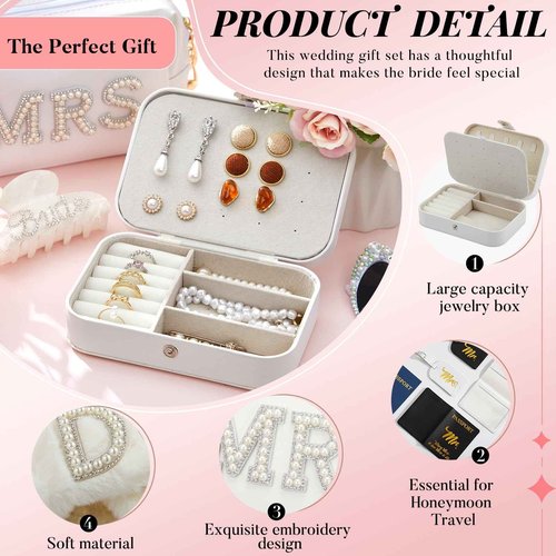 Dansydaisy 14 Pcs Bridal Shower Gifts Set Including Mrs Mr Travel Passport Tag Tote Cosmetic Bag Jewelry Box Claw Hair Clip Hair Tie Heart Sunglasses for Honeymoon Wedding Supplies(Women 7-8)