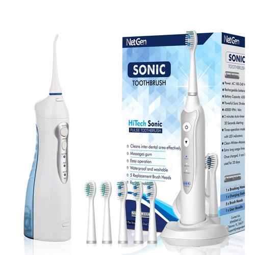 Cordless Water Flosser for Best Cleaning of Teeth Gums Professional Dental Oral Irrigator,Sonic Toothbrush, Electronic Toothbrush with 3 Brushing Modes and Built-in Timer, IPX7 Waterproof, White
