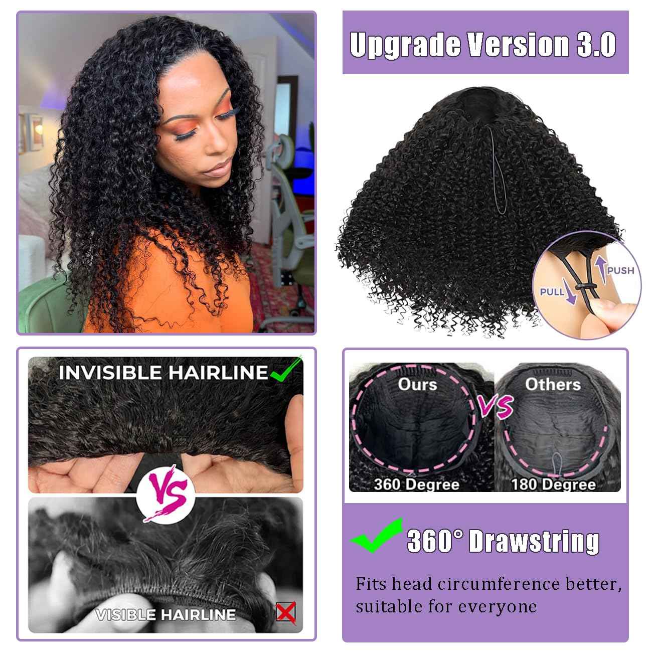 Half Wig Human Hair 210 Density Kinky Curly Half Wig for Black Women 3 In 1 Seamless Flip Over Human Hair Half Wig Glueless Wear and Go Beginner Friendly Drawstring Headband Wig Human Hair 14 inch