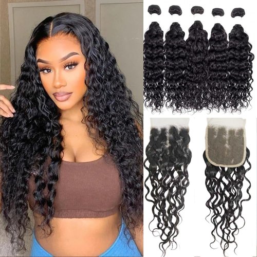 Czrleaty Brazilian Water Wave with Lace Closure - Wet and Wavy Hair, Deep Curly Human Hair 5 Bundles (50g/bundle) with 4x4 Lace Closure (16/16/16/16/16+16")