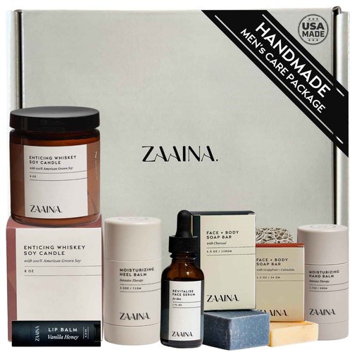ZAAINA Men’s Self Care Package, Relaxation Spa Gift Set for Him - Luxury Natural Handmade Grooming Kit for Husband Dad Friend, Birthday & Christmas Gifts for Men (Premium Set with Whiskey Candle)