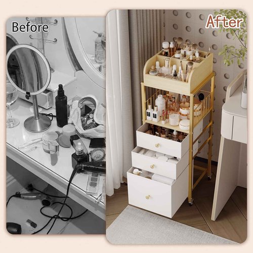 Makeup Organizer Cart with Drawers, Floor Skincare Organizers Make Up Organizers-Vanity Organizer Cosmetic Display Cases Holder for Skin Care Perfume Nail Polish Brush Hair Tool（Gold）