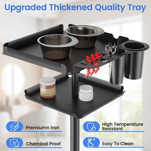 Rolling Salon Tray on Wheels with Braiding Hair Platform, Metal Salons Tray Cart with 2 Magnetic Bowls, Hairstylist Tray for Salon Station, Height Adjustable Salons Trolley Cart for Salon&Spa Use