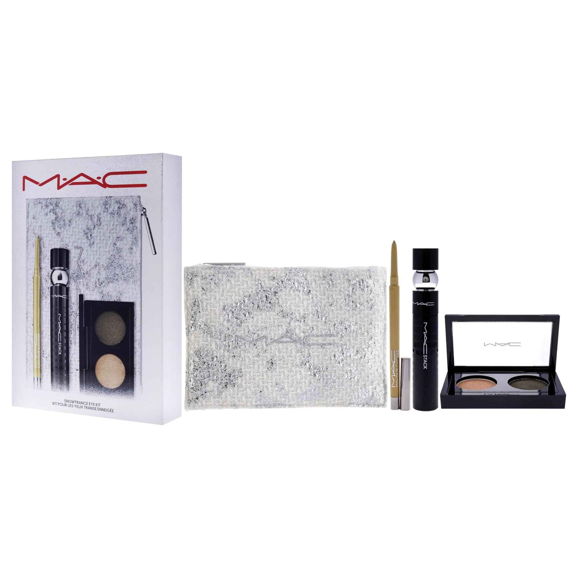 MAC Snowtrance Eye Kit for Women - 4 Pc 0.1oz Eye Shadow Duo, 0.41oz M-A-C Stack Mascara - Black, 0.01oz M-A-C Colour Excess Gel Pencil Eye Liner - Gold Goals, Pouch