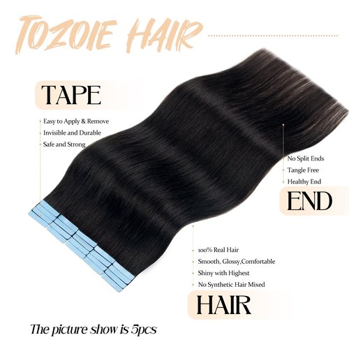 TOZOIE Tape in Hair Extensions Human Hair - 20 Inch Straight Invisible Natural Black Real Human Hair Extensions for Women (1B)