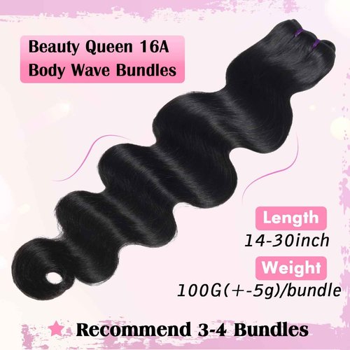 Beauty Queen 16A Body Wave Bundles Human Hair (20 18 16 Inch) 100% Unprocessed Brazilian Virgin Weave 3 Bundles Human Hair Full And Thick Remy Hair Extensions Natural Color for Women