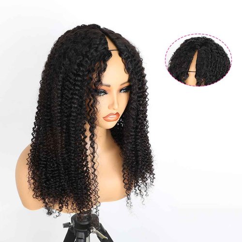 Domiso Afro Kinky Curly V Part Wig Human Hair Pre-Minimum Leave Out Upgraded V Part Wigs with Anti Slip Elastic Band and Removable Clips for Secure 20 Inch