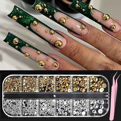 Gold and Silver Color Painted Semi-Circular Plastic Beads Nail Decoration Flatback Half Round Caviar Jewelry Gem for Nail Art Ornament Face Body Makeup(2/2.5/3/4/5/6/mm) with Tweezers Tool