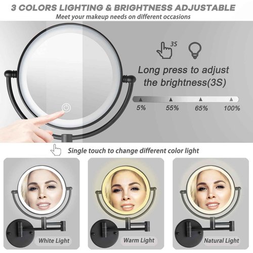 8" Wall Mounted Lighted Makeup Vanity Mirror with 3 Color Lights Stepless Dimming, 1X/10X Magnifying LED 2-Sided Bathroom Touch Sensor Extendable Arm 360 Swivel Shaving Mirror Hardwired, Matte Black