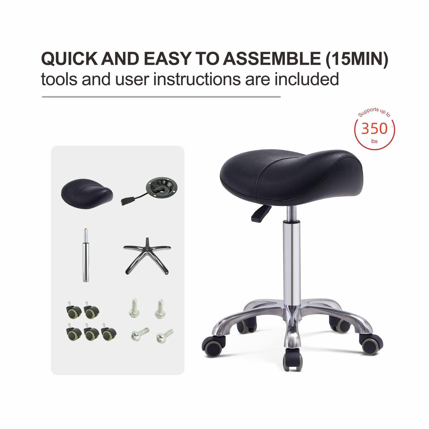 Grace&Grace Professional Saddle Stool with Wheels, Hydraulic Ergonomic Saddle Chair with Heavy Duty Metal Base for Clinic Dentist Spa Massage Salons Studio (Black)