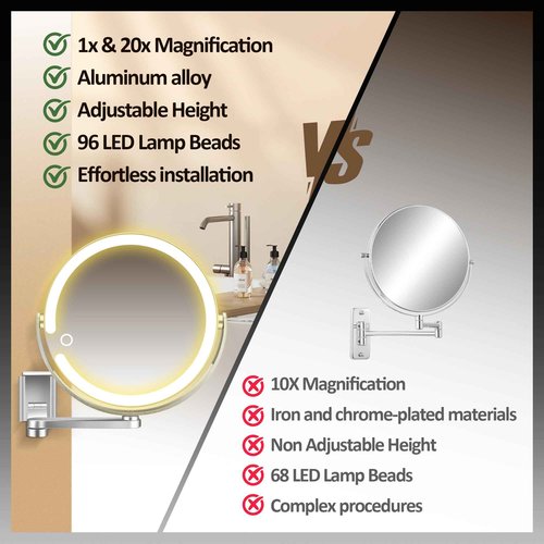 MOMOKUBA Wall Mounted Makeup Mirror, Magnifying Mirror with Light 20X/1X Double-Sided, Height Adjustable, 3 Lighted Modes, Aluminum Alloy Small Wall Mirror, Moisture & Corrosion Resistant Bathroom Use