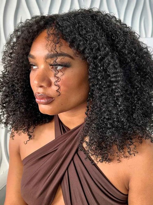 ISEE Half Wig Afro Curly 3 In 1 Glueless Wigs Human Hair Seamless Kinky Curly Flip Over Beginner Friendly Wear & Go Drawstring Band Clip in Wig Human Hair Black Color 14 Inch