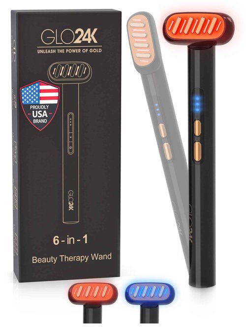 GLO24K 6-IN-1 Beauty Therapy Wand for the Face, Eyes, and Neck. Based on Dual LED Light Therapy, Thermal, Vibration, and Micro-Current Technologies.Skin Rejuvenation