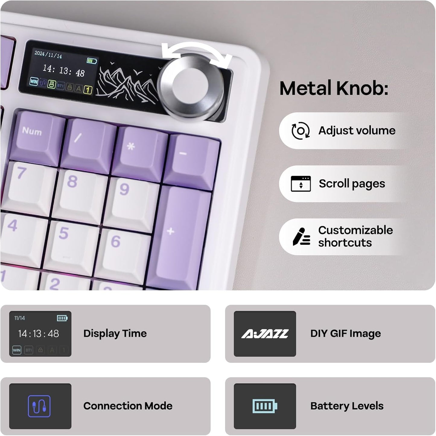 AJAZZ AK980 96% USB-C/BT5.0/2.4GHz Wireless Gaming Keyboard with 1.14’’ TFT Screen, Hot Swappable Creamy Mechanical Keyboard with FR4 Plate, Knob, RGB for Win/Mac (White, Gift V2 Switch)