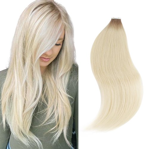 Sixstarhair Ombre Tape In Hair Extensions 20Pieces 50 Grams Fashion Remy Hair Chestnut Brown Fading to Ash Blonde, Bleached Blonde Remy Salon Quality Human Hair [Color R6-60#-20 inch]