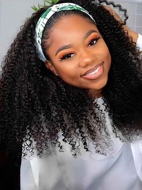 V SHOW Glueless Curly Headband Wig Human Hair 180% Density Thick Throw & Go Kinky Curly Headband Wigs for Women 16 Inch None Lace Front Wigs Wear and Go Glueless Human Hair Wigs
