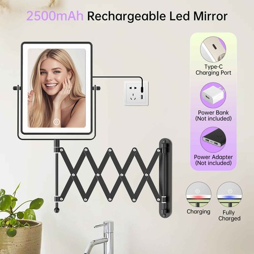 FASCINATE Rechargeable Wall Mounted Makeup Mirror with Lights, 8.7 Inch Double Sided Touch Switch 1X 30X Magnifying Bathroom Mirror, 3 Color Lights Touch Dimmable Extended Arm 360°Rotation (Black)