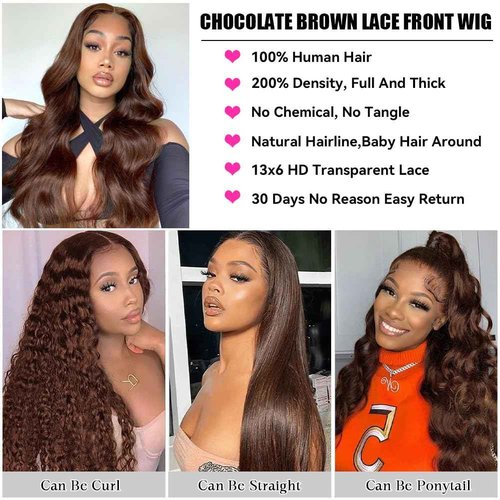 Aoque Chocolate Brown Lace Front Wig Human Hair 30 Inch 200% Density 13x6 Hd Transparent Body Wave Lace Front Brown Wigs Human Hair 4# Glueless Wigs for Women