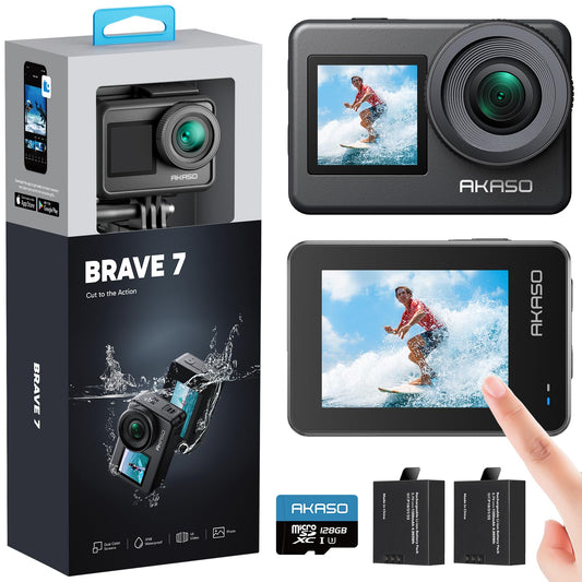 AKASO Brave 7 Action Camera 4K30FPS 20MP with 128GB U3 MicroSDXC Memory Card, Waterproof Camera with Touch Screen IPX8 33FT EIS 2.0 Zoom Support External Mic Voice Control with 2X 1350mAh Batteries