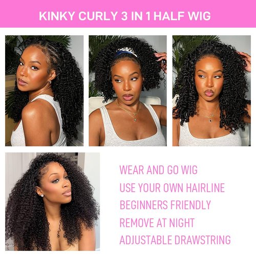 SKYDO Kinky Curly Half Wig Human Hair 250 Density 16inch Wear and Go Glueless Wigs Human Hair 3 in 1 Half Wigs for Women Drawstring Seamless Flip Headband Wig Beginner Friendly
