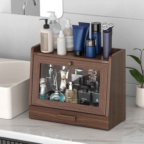 Cologne Organizer for Men,Cologne Stand with Acrylic Door,Large Capacity Ash Wood Cologne Holder Perfume Shelf with Desk & Nightstand Organizer,Mens Husband Birthday Gifts Ideas,Gifts for Men(Walnut)