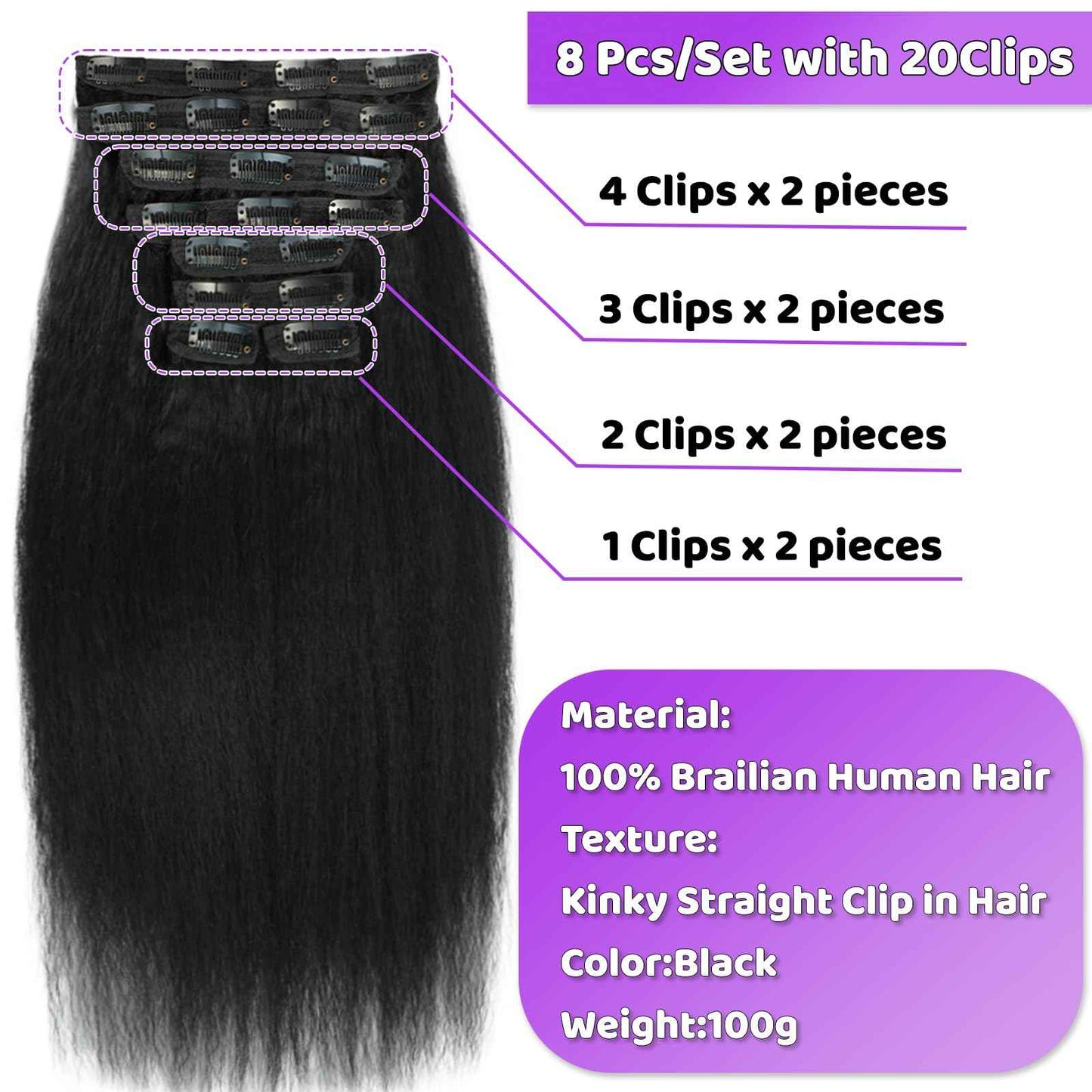 16 Inch Kinky Straight Clip ins 8Pcs 110g Clip in Hair Extensions Real Human Hair Yaki Straight Clipins for Black Women Full Head Brazilian Remy Hair Extensions Double Weft 20 Clips