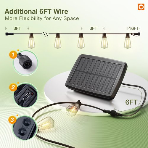 addlon 33(27+6) FT Solar String Lights Waterproof,Patio Light Solar Powered with Remote& USB Port 9+1 LED Shatterproof Bulbs 3 Lighting Modes Outdoor for Camping Backyard Garden