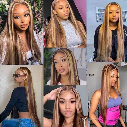 DÉBUT Ombre Highlight Brown Glueless Wigs Human Hair Pre Plucked Straight Hair Lace Front Wigs 5x5 HD Lace Closure Wig for Women Daily Use 18 Inches