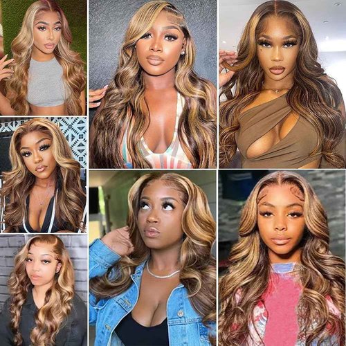 Brown Highlight Body Wave Bundles Human Hair 100% Unprocessed Brazilian Virgin Hair Honey Blonde Human Hair Body Wave Bundles Hair Extensions Wet and Wavy 3 Bundles for Black Women