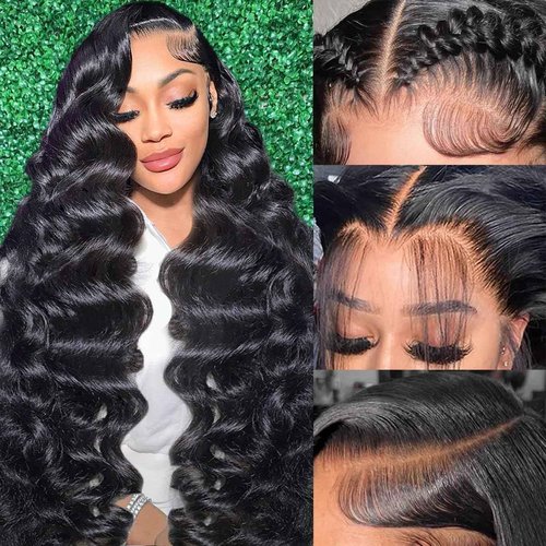INVITEYOU 13x4 Body Wave Lace Front Wigs Human Hair Pre Plucked 180 Density HD Transparent Lace Frontal Wigs with Baby Hair Natural Hairline Gluesless Human Hair Wigs for Women Black 22 Inch