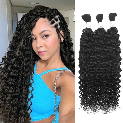 Human Braiding Hair for Boho Braids 3 Bundles 150g 20Inch Water Wave Human Hair Braiding Hair 12A Brazilian Virgin No Weft Hair Extensions for Bohemian Knotless Braids Bulk Human Hair for Braiding