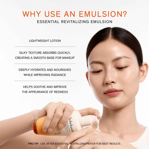 Sulwhasoo Essential Revitalizing Emulsion EX - Lightweight, fast-absorbing lotion that delivers 24-hour hydration while visibly soothing and supporting the skin barrier.