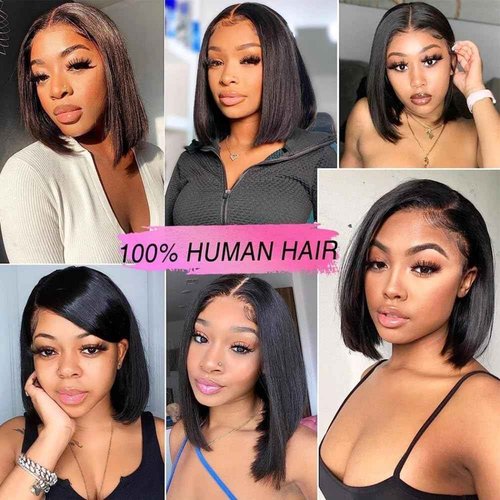 DYTJHMGL Short Bob Human Hair Wig - 250% Density Pre-Plucked Bone Straight HD Lace Front with Bleached Knots, 12 Inch