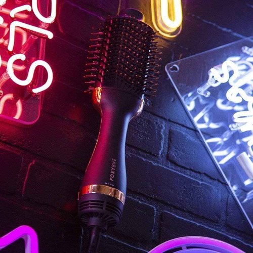 FoxyBae Blowout Hot Air Brush - 75mm Hair Dryer, Curler, Volumizer & Straightener - Ceramic Tourmaline Ionic Technology with Dual Bristles (Black Rose-Gold)