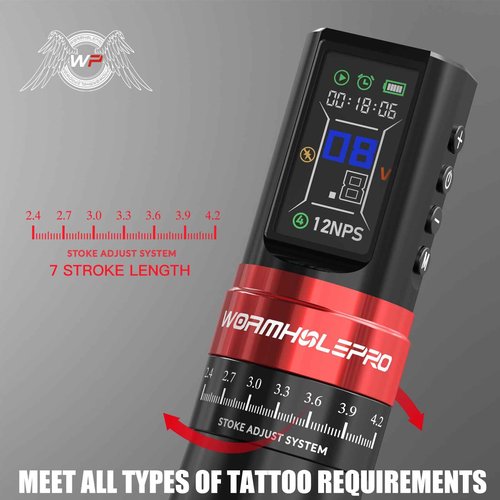WORMHOLEPRO Aluminum Alloy Tattoo Gun with Adjustable Tattoo Pen Stroke, Tattoo Kit with Dotwork Mode, Memory Function, Complete Beginners Kit and Professional Tattoo Artists - Compact/Lightweight
