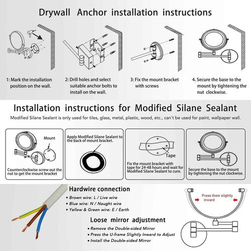 8" Wall Mounted Lighted Makeup Vanity Mirror with 3 Color Lights Stepless Dimming, 1X/10X Magnifying LED 2-Sided Bathroom Touch Sensor Extendable Arm 360 Swivel Shaving Mirror Hardwired, Matte Black