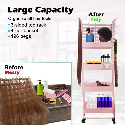 ICCTUO Braiding Hair Rack with 196 Pegs, Hair Extension Holder with 4 Tiers Storage Cart, Elegent Pink Braiding Rack Stand for Hair Braider, Sturdy Hair Rack for Salon, Home, Beauty School