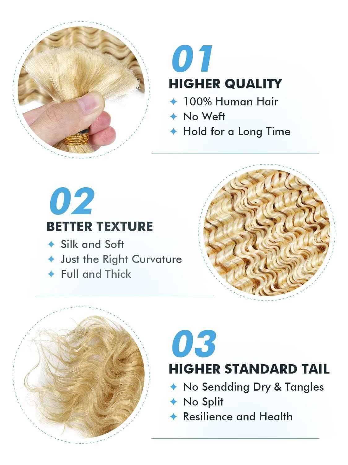Human Braiding Hair for Boho Braids 100g 20 Inch 613 Blonde Brown Curly Boho Hair for Braiding Knotless 12A Deep Wave Bulk Bohemian 2 Bundles/Pack Color 613