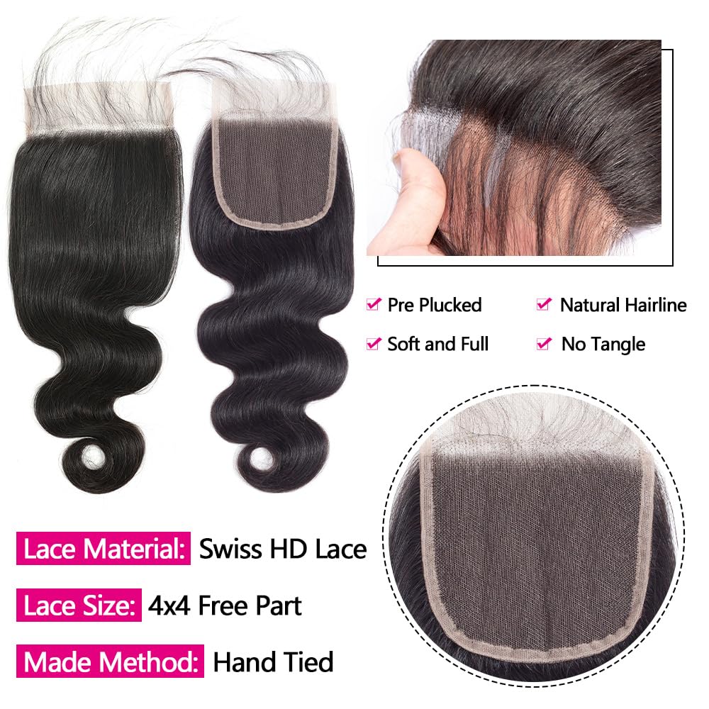 12A Human Hair Bundles with Closure 18 20 22 with 16 Inch Brazilian Body Wave 3 Bundles Human Hair with 4x4 HD Lace Closure 100% Unprocessed Virgin Human Hair Weave