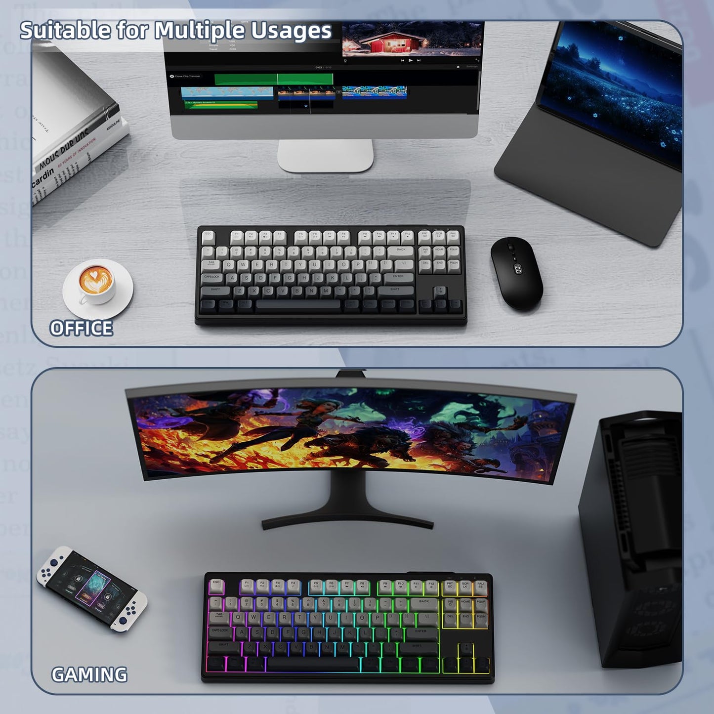 ZIYOU LANG M87 75% Wireless Gaming Keyboard Mechanical Feel Silent Rainbow Backlit Bluetooth/2.4Ghz PBT Gradient Keycaps Rechargeable 4000mAH Battery Ergonomic for MAC/Win/PC-Moonnight