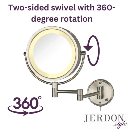 JERDON Wall-Mounted Makeup Mirror with LED Lighting - Lighted Makeup Mirror with 8X Magnification & Nickel Finish Wall Mount - Model HL75N