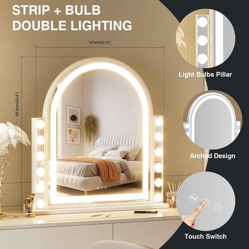 Leishe Arched Makeup Mirror with 3 Color Lights - 18.1'x23.4' Vanity Mirror with 10x Magnification for Desk
