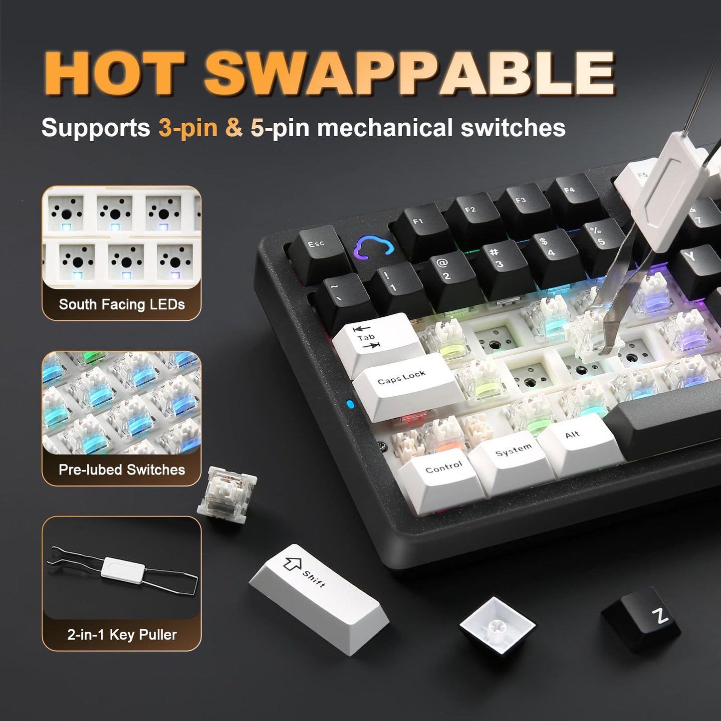 YUNZII AL98 QMK/VIA Wireless Mechanical Gaming Keyboard,Full Aluminum,BT/2.4G/USB-C, Pre-Lubed Hot Swappable Gasket Mount 1800 Layout,RGB Backlit for Win/Mac (Black, Milk Switch)