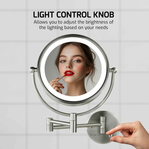 OVENTE Wall Mounted Lighted Makeup Vanity Mirror, 9" Hard Wired Double Sided 1X/7X Magnifying Bathroom Mirror, Dimmable LED Lights, 360° Rotation and 14" Extendable Arm, Nickel Brushed MPWD3185BR1X7X