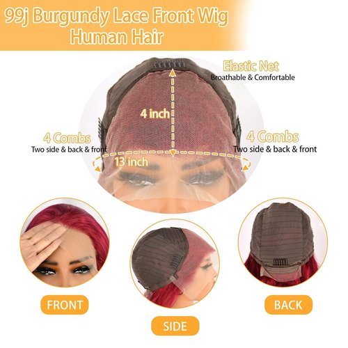 28inch Burgundy Lace Front Wigs Human Hair 99j 13X4 Body Wave Lace Front Wigs 180% Density 100% Brazilian Human Virgin Hair Glueless HD Red Wigs Pre Plucked with Bleached Knots Natural Hairline